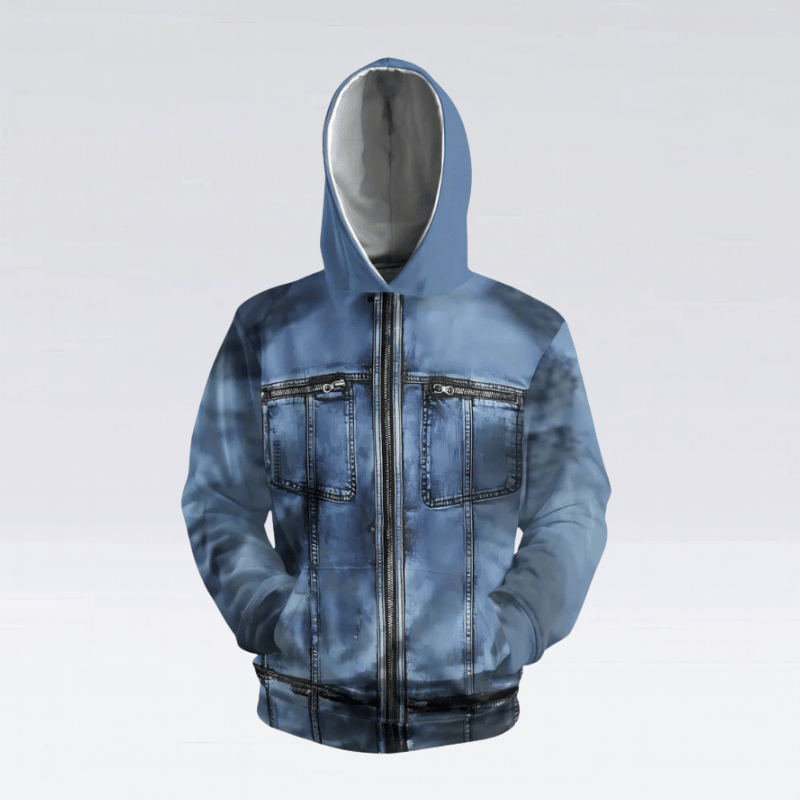 Männer Hoodie mit Kapuze - Blauer Denim-Look Zip Kapuzenjacke