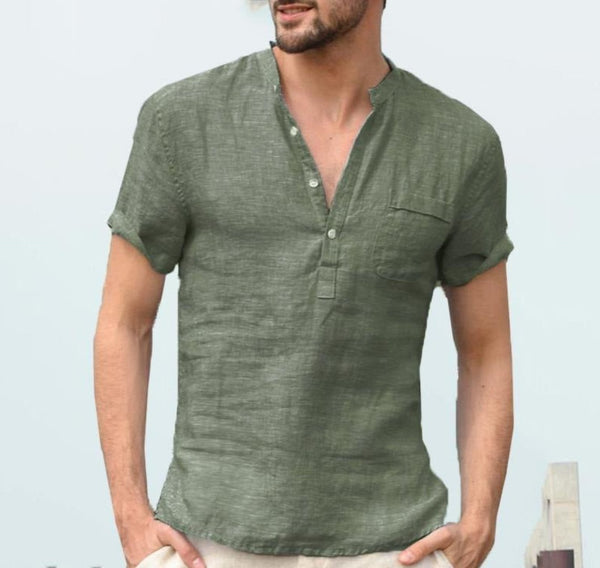 Armeegrünes leinenhemd mit kurzen ärmeln - elegante freizeitmode für männer