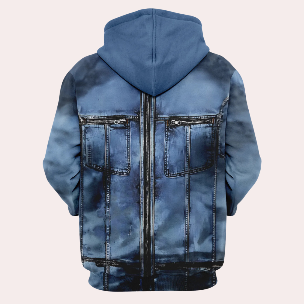 Männer Hoodie mit Kapuze - Blauer Denim-Look Zip Kapuzenjacke