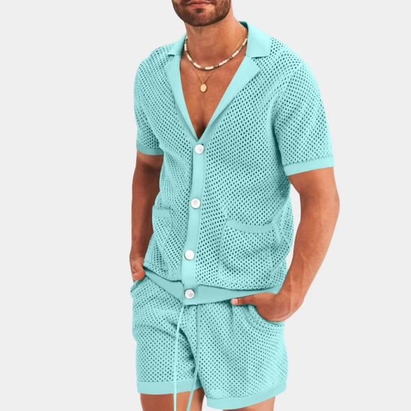 Männer 2-teiliges strick-outfit - leichtes sommerensemble mit kurzarmoberteil und shorts