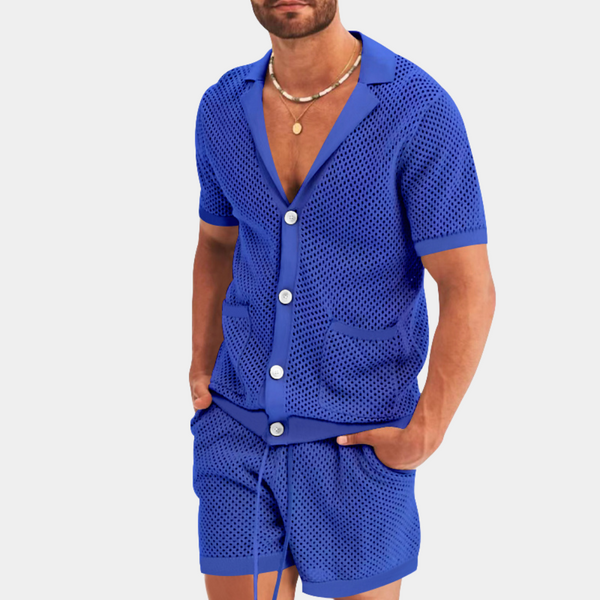 Männer 2-teiliges strick-outfit - leichtes sommerensemble mit kurzarmoberteil und shorts