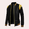 Männer casual bomberjacke aus sleekem leder in schwarz und gelb – trendiges, leichtes design für smarte anlässe