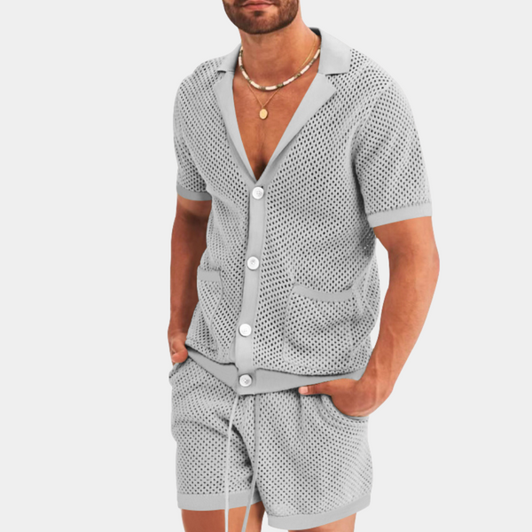 Männer 2-teiliges strick-outfit - leichtes sommerensemble mit kurzarmoberteil und shorts
