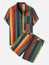 2-teiligs männer casual outfit mit lebendigen streifen für den sommer - leichte kurzarmhemd und shorts