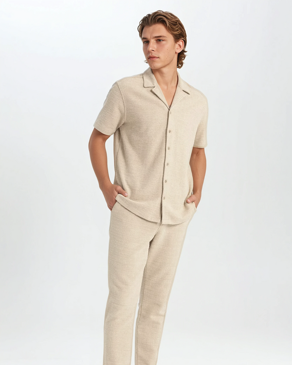 2-teiliger lässiger shorts-set für männer - leichte waffelstoff in beige für den sommer - stylisches outfit mit shirt und shorts