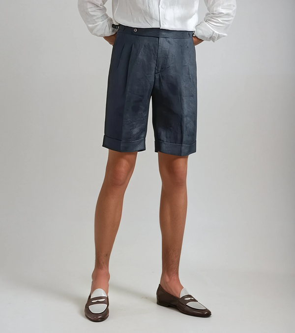 Männlicher marineblauer taillierter leinen-mix shorts - legere sommerkleidung mit tiefen taschen