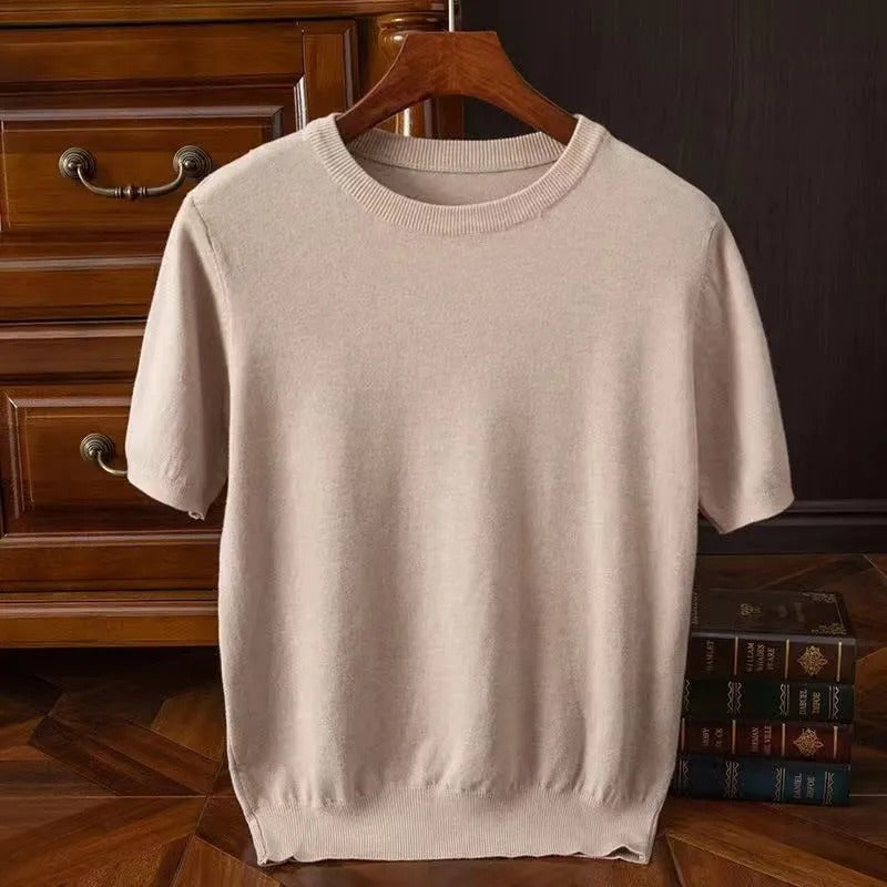 Männers cashmere-feel T-Shirt – Edler Strick in Camel